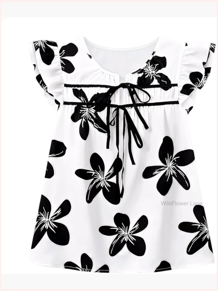 Plus Size Floral Tie Front Blouse Ruffle Sleeve Tunic Dressy Casual Top